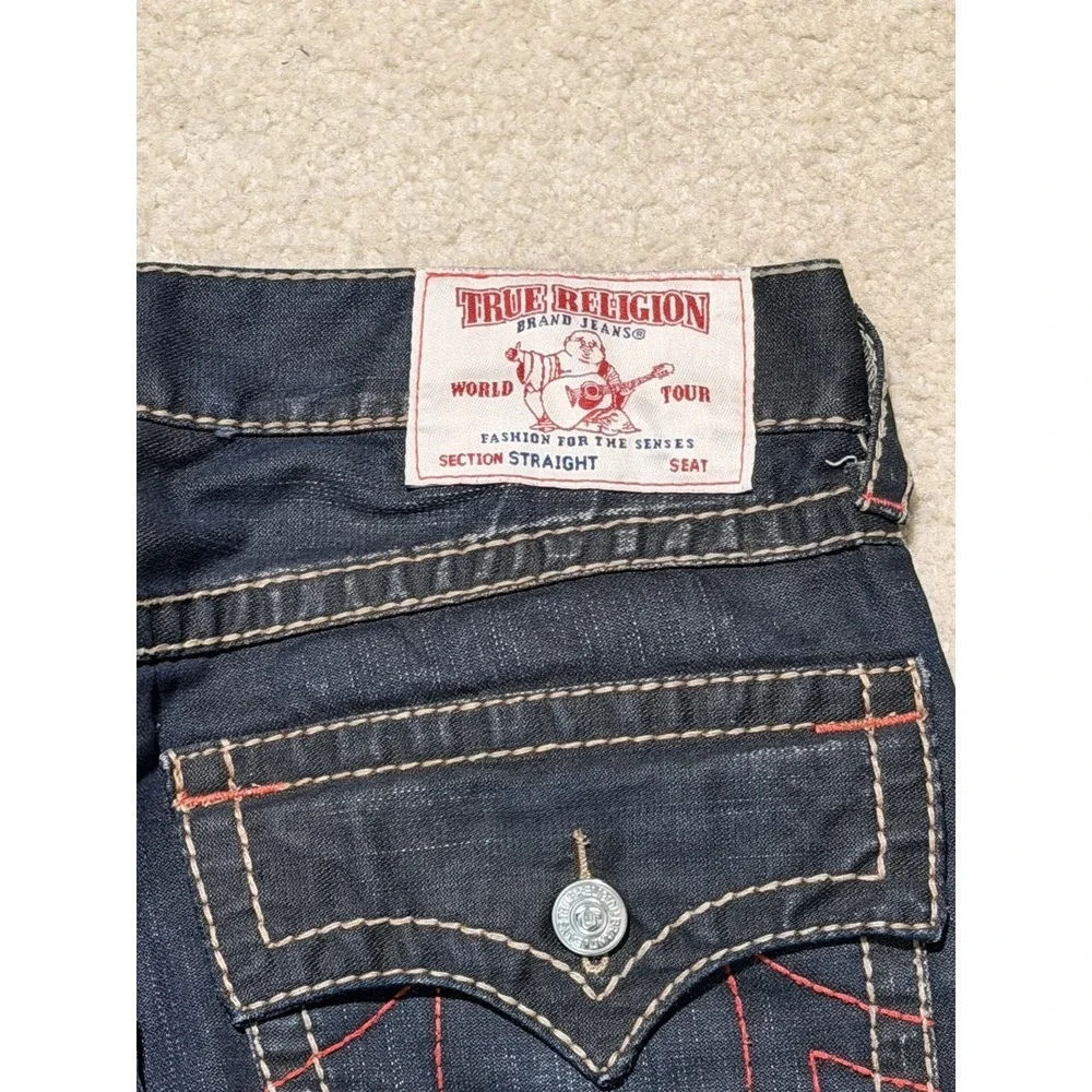 True Religion Straight Jeans Men's 34 Dark Wash Red Stitch Flap Pocket Y2K Denim